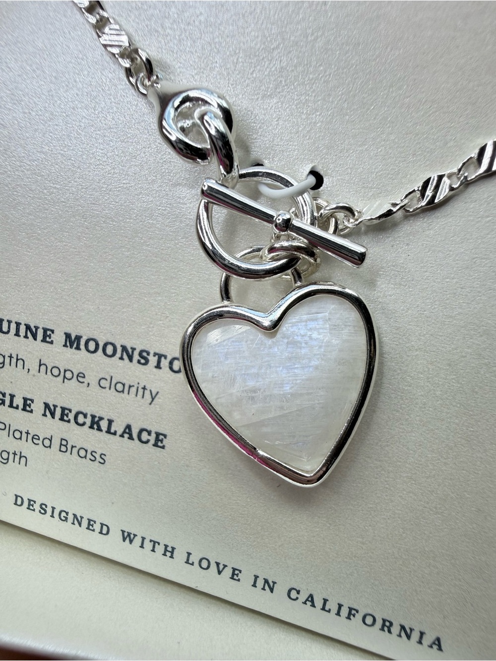 Luna Norte Moonstone Shiny Silver Heart Toggle Necklace Bold Sparkly